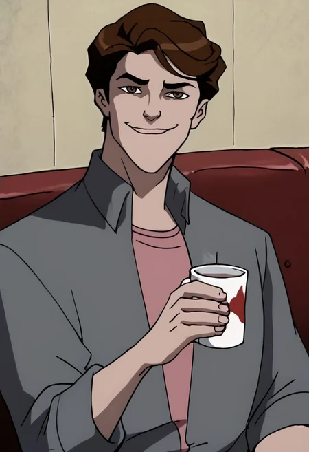 PeterTAS, 1boy, brown hair, brown eyes, open gray jacket, pink undershirt, upper body, in studio apartment, black walls, couch, boy, solo, looking at viewer, sitting, sitting on edge of couch, score_9, score_8_up, score_7_up, high-res image, masterpiece, best quality, smile holding cup, half closed eyes, smug, evil smile, boring_sdxl_v1