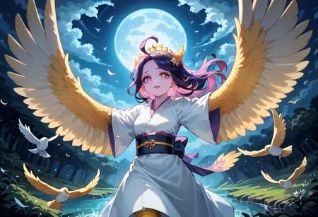 best resolution,score_9,score_8_up,score_7_up,score_6_up,score_8,score_7,score_6,best quality,masterpiece,source_anime,1girl,solo,kawaii,cute,winged_arms,A majestic harpy with dark feathers and glowing red eyes,wearing black japanese kimono,flying soaring through a stormy night sky.moonlight, starlight, firelight,wise,moonlit night sky,wind,cowboy shot,focus on face,dynamic shot, Expressiveh,eyesHD,high gradient eyes,detailed eyes,high definition eyes, <lora:Eyes_High_Definition:0.25> <lora:Expressive_H:0.75> <lora:winged_arm_style:0.85>