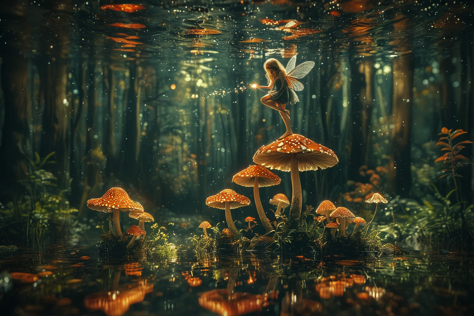 Close up photo of a ((earth fairy)) gliding over mushroom, reflections in the water, night scene. In the style of double exposure, Art Nouveau, long exposure, layered lines, chiaroscuro, absurdres, Long_Exposure ral-exposure, <lora:ral-exposure-sdxl:0.700000>