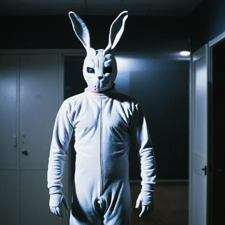 <lora:add-detail-xl:1>
<lora:detailed:0.3>
<lora:perfection style:0.3>
<lora:xl_more_art-full_v1:0.3>
<lora:Donnie Darko film style:1>
a person in a bunny suit standing in a room,solo,upper body,no humans,bodysuit,mask,facing viewer,dark,straight-on,horror (theme) , cinematic, film, Donnie Darko film style