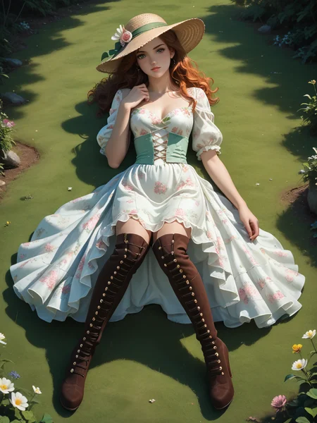 Score_9, score_8_up, Score_8, Score_7_up, Score_7, anime_source, anime, ,a elegant woman posing,Pompadour haircut,Brunette,(eyebrow-sharpe round bushy, eyebrowcolor ginger),dressed in a high-low dress with a bold floral print and a wide-brimmed hat,Sketching,top-down view,front view,neverland peter pan magical island,volumetric lighting,Flash Photography, brown l0ub0utin knee-high boots, <lora:LouboutinPony-000005:0.8>