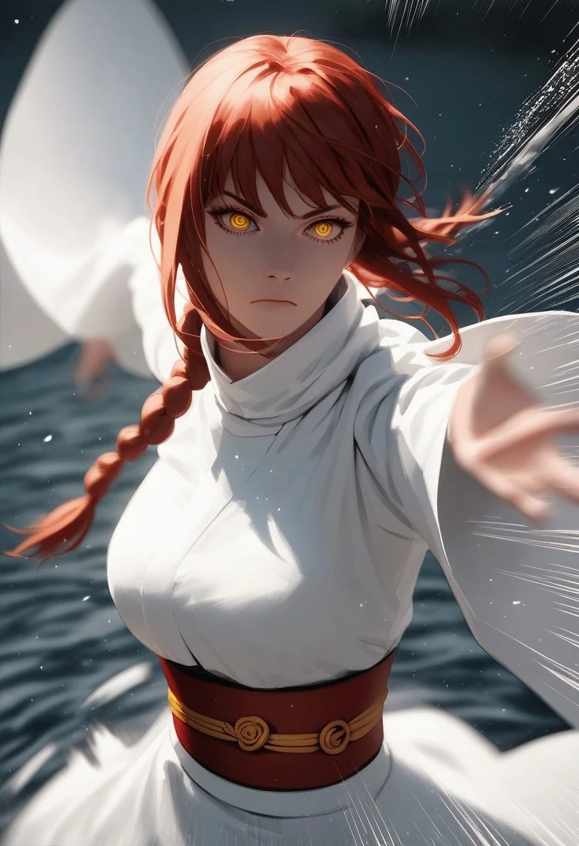score_9, score_8_up, score_7_up, source_anime, source_explicit,,flat colors, flat illustration, lineart, highly detailed, ultra detailed, masterpiece, best quality, amazing quality,
makima \(chainsaw man\),
1girl, red hair, blurry, blurry background, yellow eyes, closed mouth, depth of field, punching, punch forward, fight stand, high collar, motion blur, motion lines,, large breasts, looking at viewer, obi, outstretched hand, sash, serious, sidelocks, solo, upper body, water, wide sleeves,