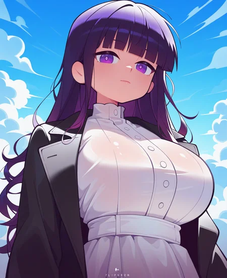 <lora:fliphrC:1> fliphr,
(masterpiece), (best quality), (ultra-detailed), amazing quality, very aesthetic, illustration, perfect composition, intricate details, absurdres, incredibly absurdres, shiny skin, realistic,
fliphr, 1girl, solo, white dress, breasts, purple eyes, long hair, purple hair, dress, sky, cloud, looking at viewer, closed mouth, large breasts, blue sky, coat, black coat, blunt bangs, huge breasts, sensitive
