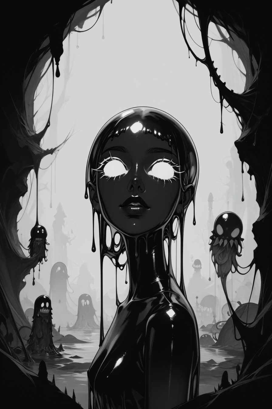 score_9, score_8_up, score_7_up, score_6_up, score_5_up, score_4_up, <lora:GRIM_v1:1>  greyscale, monochrome, limited palette, horror (theme), eldritch abomination, chaotic, silhouette,, <lora:wizardslimev15-t:1> wizardslimus, slime skin, transparent head, transparent body, transparent hair, transparent face, transparent, slime girl