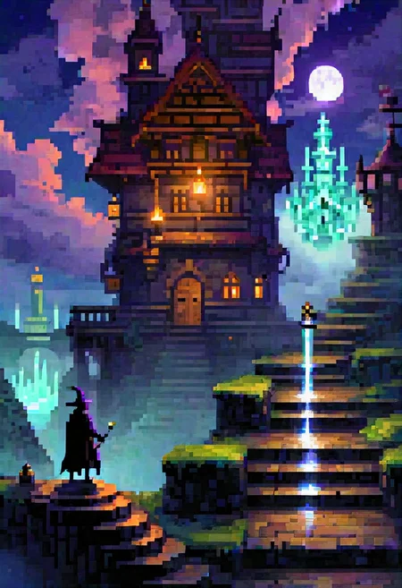 pixel-art. houtline, digital_art, (Best quality), standing, building,  hat, pillar, from_behind, a wizard  fighting a legendary chess boss, glowing, cape, fog, silhouette, full_body, outdoors, long_hair, night, 1boy, sky, (scenery),  holding_weapon, stairs, (monster), battle, facing_away, (boss_fight:1.2), cloak, hood, long_sleeves, arch, witch_hat, lamppost, ruins, gloves, sitting, science_fiction, dark, light, reflection, full_moon, floating, witch, bridge, hitodama, holding_sword, legendary_monster, coat, night_sky, (dutch_angle), (size_difference:1.4), street_view, street, glowing_eyes, light_rays, rain, motion_blur, motion_lines,  from_side, chess_(theme), tower_(theme), global illumination, radiant, chess, queen_chess_piece, Piece_monster, , boots, short_hair, railing, sign, ghost, crystal, wide_sleeves, pants, lights, skyscraper, red_eyes, walking, cloud, hooded_cloak, epic, staff, (statue), riding, creature, legs_apart, full_armor, castle, purple_lights, smoke, purple smoke, Aqua_(theme)