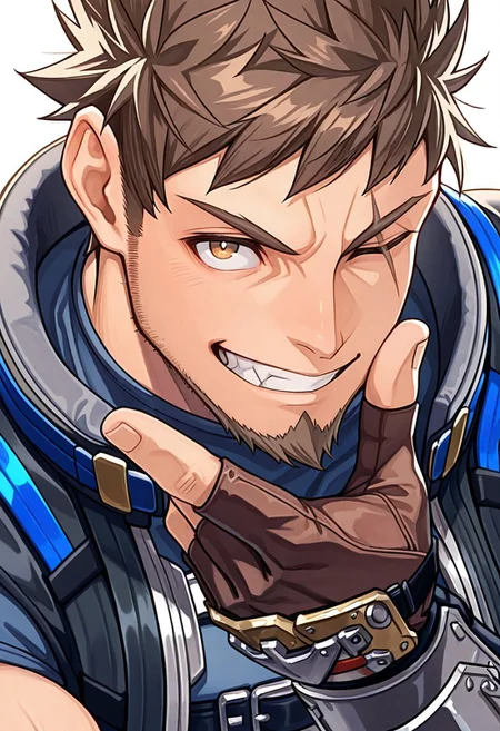 masterpiece, best quality, newest, extreme detail description, amazing quality, 1boy, solo, rex_xc3, brown hair, spiked hair, brown eyes, scar across eye, beard, facial hair, stubble, blue shirt, vest, gauntlets, fingerless gloves, smile, toothy grin, close-up:1.2, hand on own chin, white background