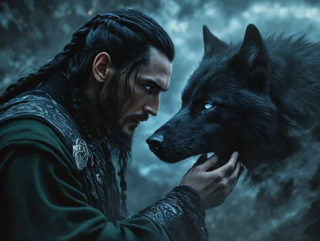 breathtaking detailed, masterpiece, absurdres, awe-inspiring, best quality, vibrant colors, nbn-loki, loki, upper body, black hair, braid, blackbeard, blue eyes, runic robe, moody lighting, realistic, shadow wolf, blurry background<lora:sdxl_NBN-Loki_NordicByNature.safetensors:0.8:0.8>