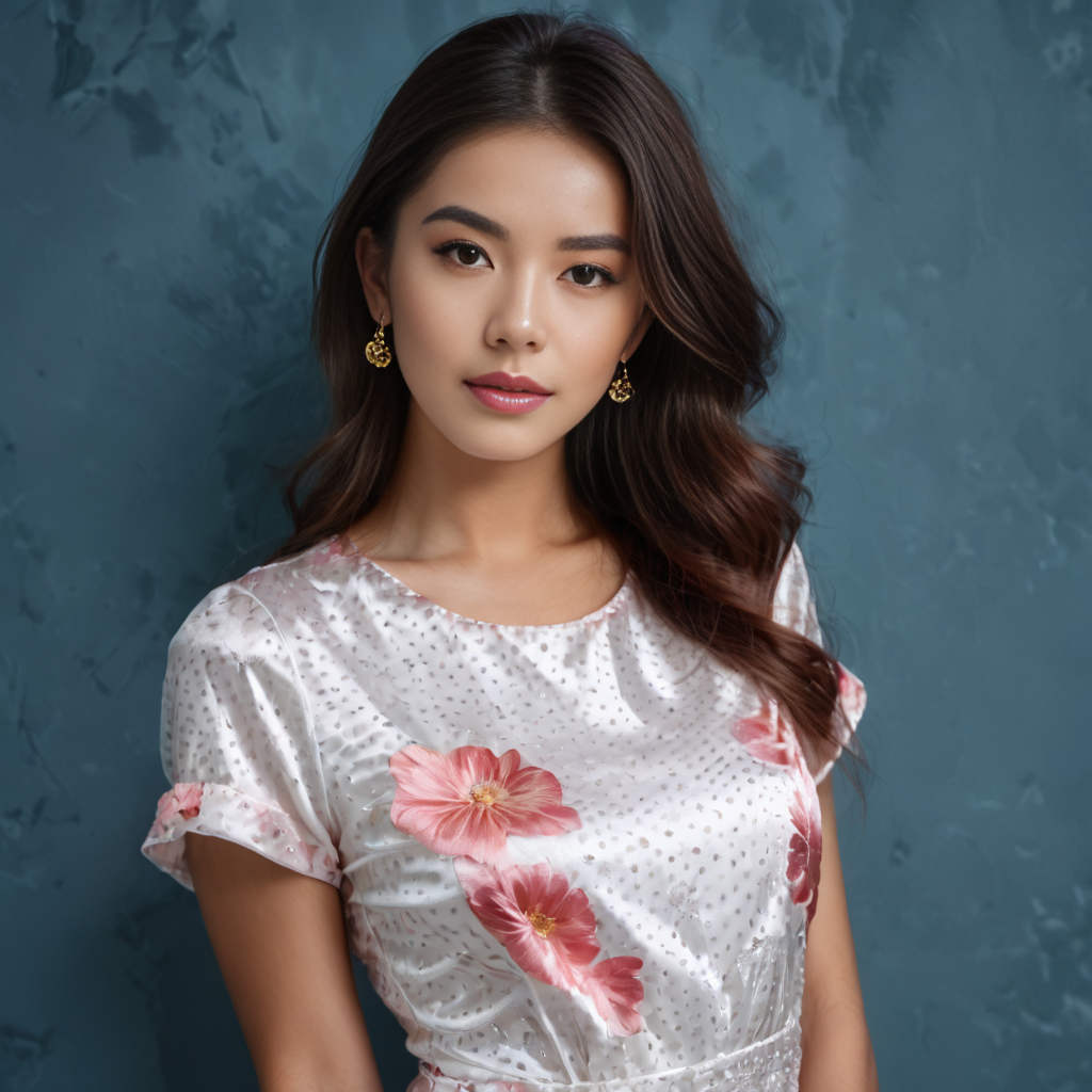 score_9, score_8_up, score_8_up, realistic (one asian middle aged women) 1girl wearing a sparkly  satin dotted_satin_teeshirt,unique hair  style,  photorealistic,hd,8k
 <lora:pony_satin_teeshirt_v1-000006:0.9>