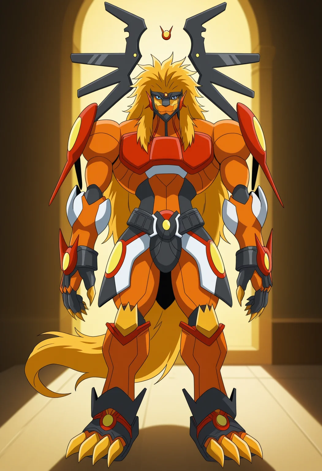 masterpiece,best quality,amazing quality, 1boy, solo, ap0ll0, digimon (creature), orange hair, blue eyes, split halo behind head, shoulder armor, crotch plate, faulds, full body