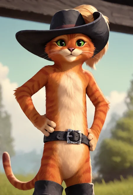 score_9, score_8_up, score_7_up, score_6_up, source_furry, BREAK
PussInBoots, anthro, 1boy, perfect face, orange cat, two tone fur, hat, belt, black boots, cat tail, looking at viewer, (smile:1.2), posing, hand on hip, upper body, close up,
<lora:Dreamworks_Furry_Mix:0.7>