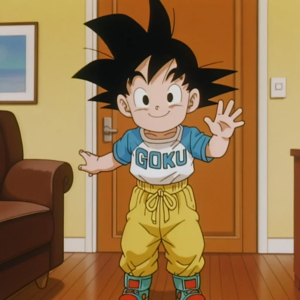 masterpiece, best quality, amazing quality, official artstyle, g0kujr, male, human, young, solo, black hair, spiked hair, black eyes, short, white t-shirt, blue short sleeves, red wristbands, yellow pants, turquoise shoes, standing, smile, waving hi, indoors, living room