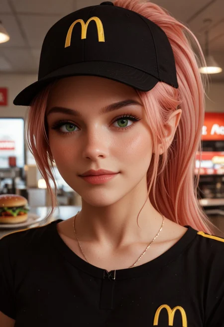 score_9, score_8_up, score_7_up, score_6_up, 
1girl, 25 years old, perfect face, looking at viewer, close view,
green eyes, adult, sexy,
elf, pink hair, ponytail, sidelocks, 
necklace, 
blush, shy smile,  
employee uniform, mcdonald's, black shirt, hat,
portrait, face focus, detailed face, holding burger