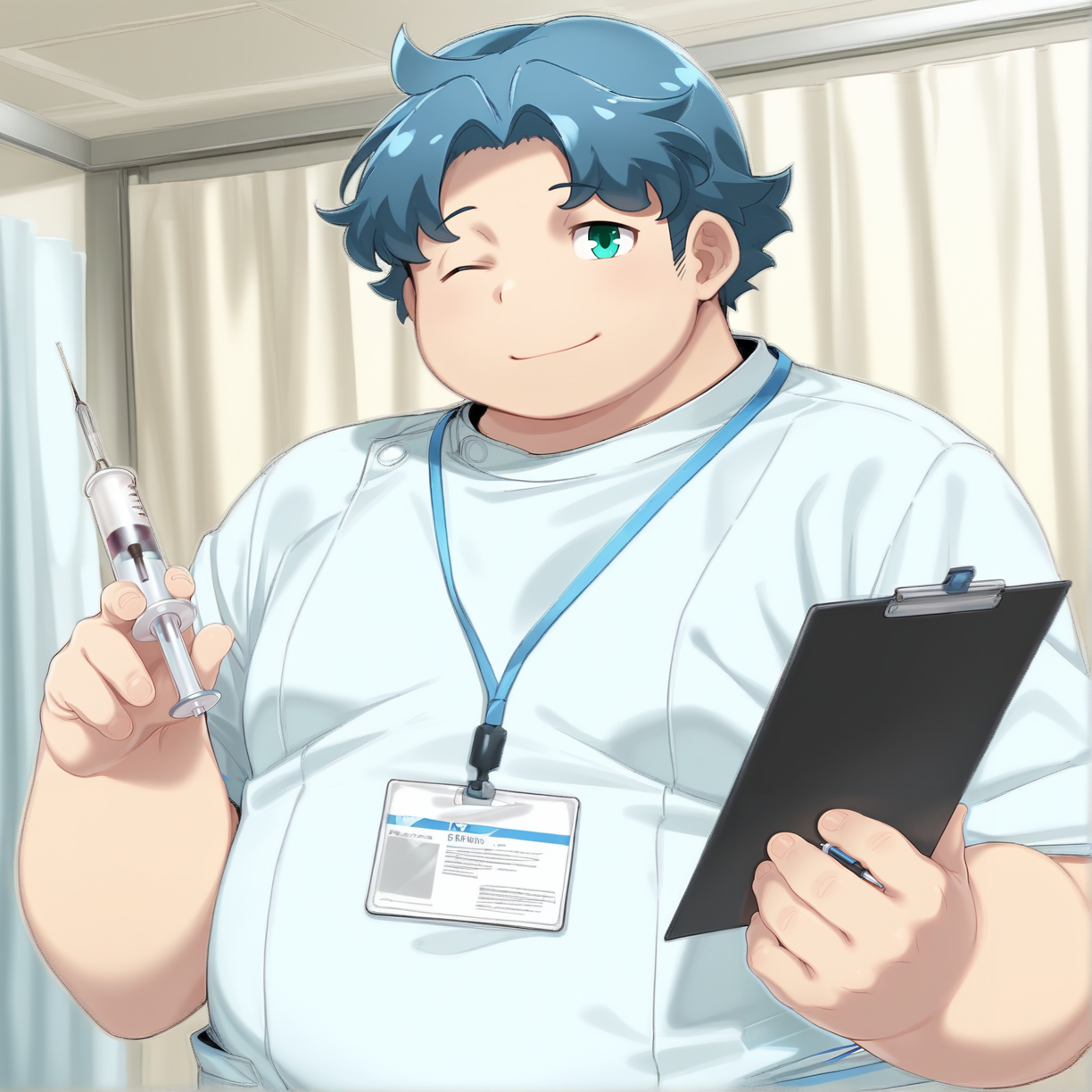 vibrant, detailed, detailed_background, amazing quality, best quality, <lora:Loren-15:1> lahloren, 1boy, plump, blue hair, male focus, nueve, one eye closed, holding syringe, light smile, dynamic angle, 
, lanyard, holding clipboard, nurse, upper body, white medical scrubs
