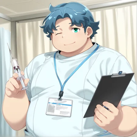 vibrant, detailed, detailed_background, amazing quality, best quality, <lora:Loren-15:1> lahloren, 1boy, plump, blue hair, male focus, nueve, one eye closed, holding syringe, light smile, dynamic angle, 
, lanyard, holding clipboard, nurse, upper body, white medical scrubs