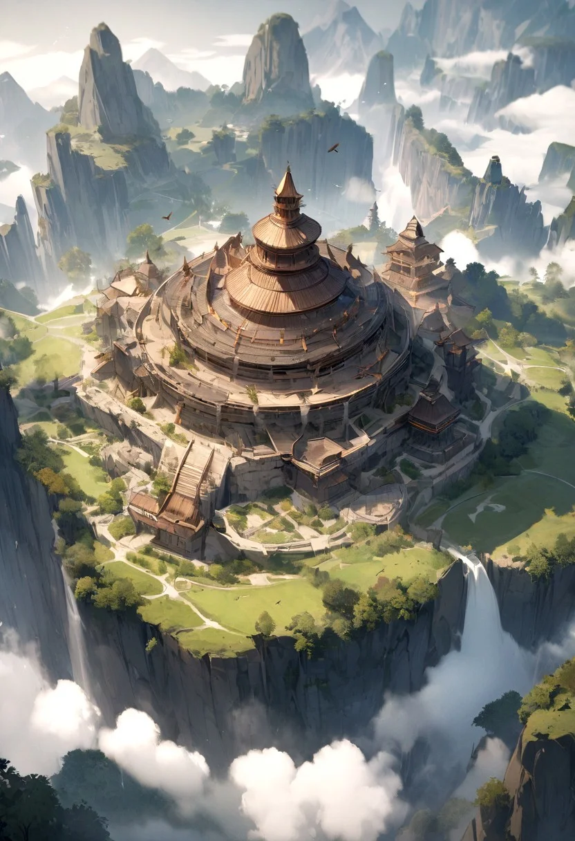 masterpiece, best quality, high detailed, fantasy landscape, from above, birds eye view, ancient, magical,1 girl, medium breast