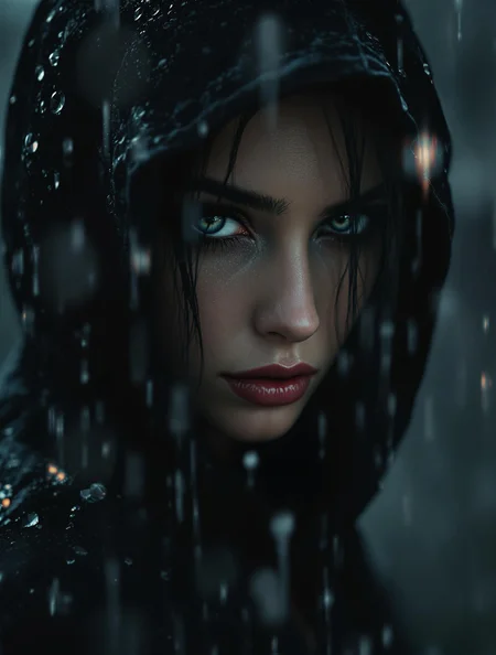 vague sense of an enigmatic woman through the rain. hoodie. dark makeup. sun shower.
RAW photo, masterpiece, photorealistic, 8k, stunning eyes, realistic skin detail, slightly blurry