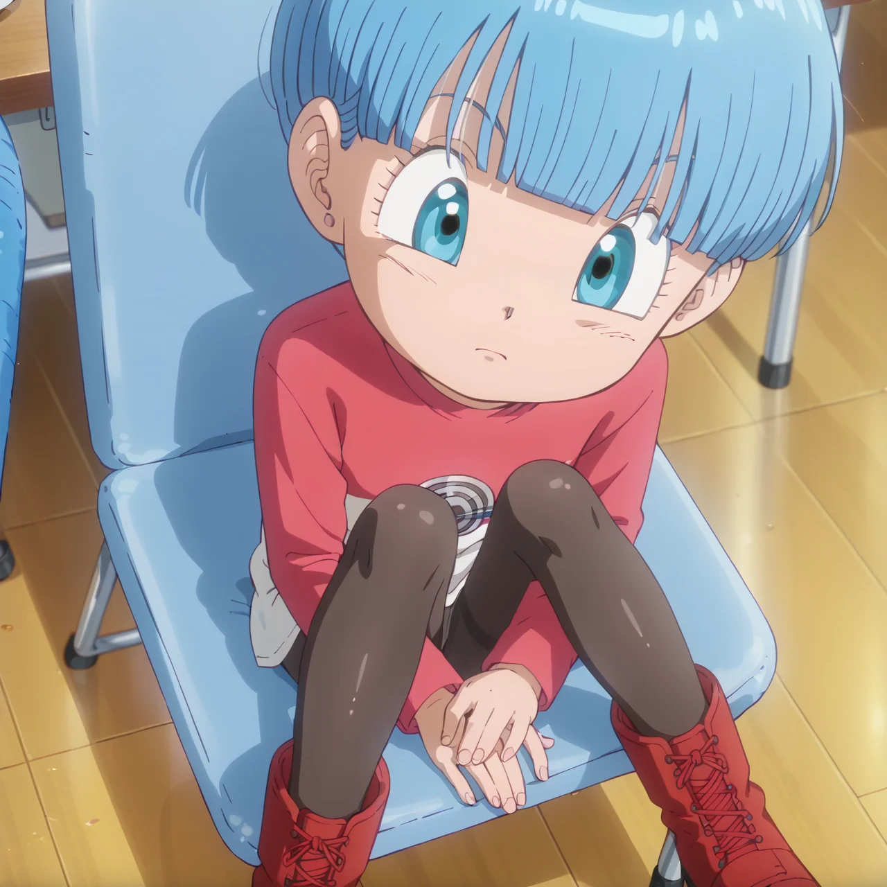 score_7_up, score_6_up, score_5_up, score_4_up, 1girl, solo, bulma (daima), bulma mini, short hair, blue hair, flat chest, pantyhose, anime screencap, (petite),
long sleeve shirt, pantyhose, red boots, sitting, on chair, relaxing, from above, dangling legs,
<lora:Bulma_Mini_Dragon_Ball_Daima:0.9>
