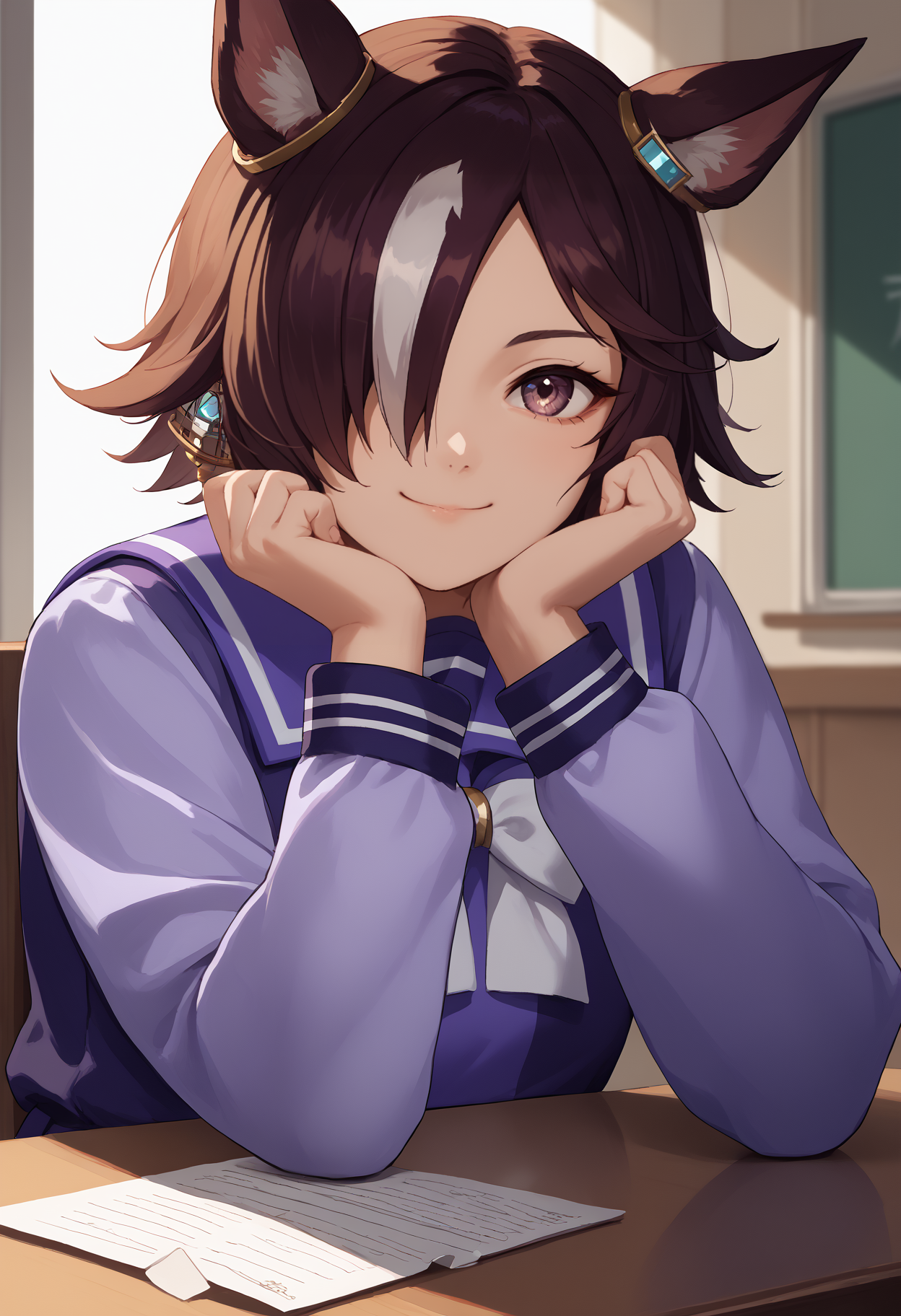score_9, score_8_up, score_7_up, source_anime, upper body, solo, 1girl, umpdvodka, smile, looking at you, head rest, hair over one eye, animal ears, wintertracen, school uniform, purple serafuku, purple shirt, sailor collar, white bow, long sleeves, indoors, table
<segment:yolo-face_yolov8m.pt,0.4,0.5//cid=1>