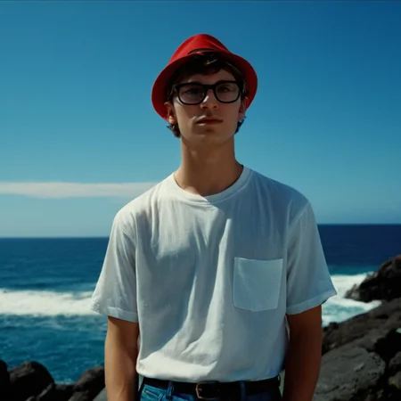 cinematic film still of <lora:celluloid film skintone color style:1>
<lora:add-detail-xl:1>1
<lora:eyetune:1>
An award winning film still motion picture of a man standing on a rock looking out at the ocean,solo,short hair,shirt,1boy,hat,white shirt,male focus,outdoors,sky,glasses,day,belt,pants,water,from behind,blue sky,ocean,beach,black pants,red headwear,hands in pockets,horizon , beauty, cinematic, film, filmic, film color, film skin tone, different colors, different people, different, unique, random, film contrast, film saturation, celluloid, Kodak, VISION3, realistic, detailed background, detailed environment, natural color, perfect exposure, natural exposure, shot on film, celluloid film skintone color style, shallow depth of field, vignette, highly detailed, high budget, bokeh, cinemascope, moody, epic, gorgeous, film grain, grainy