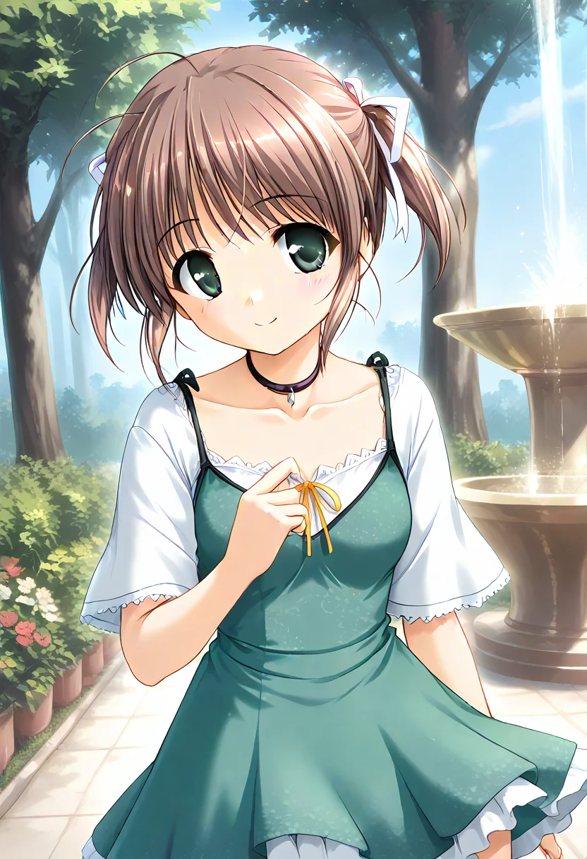 score_9,score_8_up,score_7_up,masterpiece,best quality,absurdres,source_anime,game cg BREAK <lora:Hyper-SDXL-8steps-lora:1>,1girl,solo,cowboy_shot,<lora:asagirimai_pony_v1:0.8>,asagiri mai,brown hair,green eyes,bangs,short hair,ahoge,twintails,short twintails,ribbon,hair ribbon,smile,dress,layered dress,green dress,short sleeves,choker,jewelry,black border,collarbone,park,fountain,