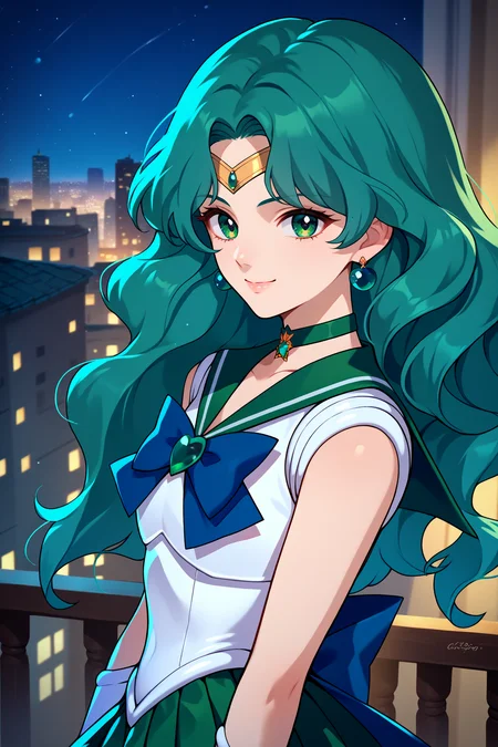 score_9, score_8_up, score_7_up, score_6_up, source_anime, 1girl, solo, <lora:sailorneptune-pdxl-nvwls-v1-000005:1> slrnp, cyan hair, long hair, wavy hair, green eyes, circlet, earrings, choker, white shirt, green sailor collar, sleeveless, blue bowtie, brooch, cyan skirt, pleated skirt, white leotard, white gloves, elbow gloves, high heels, magical girl, upper body, portriat, looking at you, night sky, city, smile, closed mouth, happy