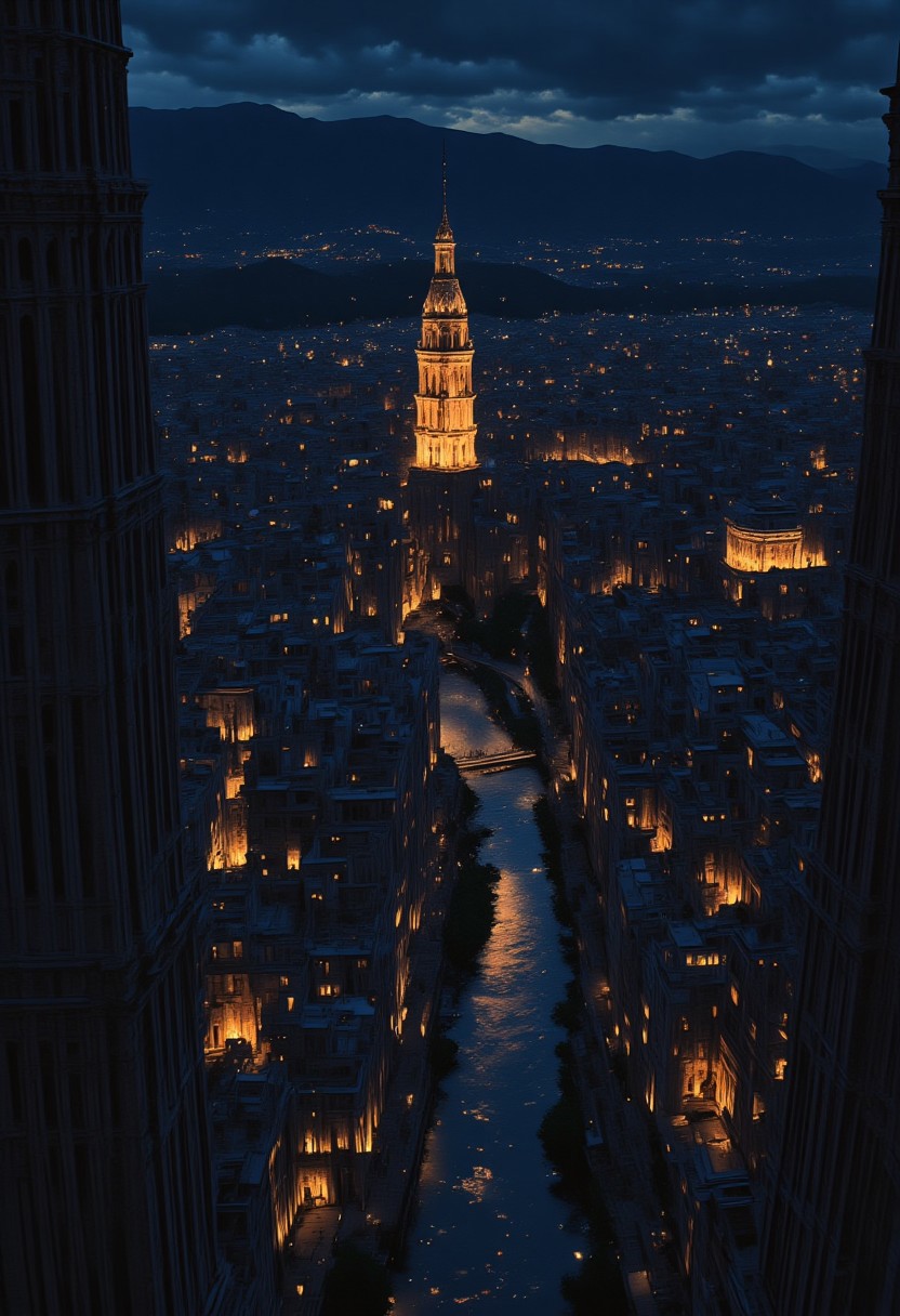 "A city shining in the night, its lights piercing through the darkness."