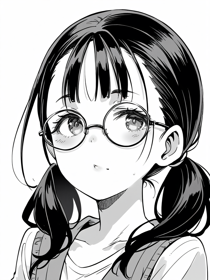 score_9, score_8_up, score_7_up, score_6_up, monochrome, ashinasan, black hair, round glasses, twintail
 <lora:Butcha-u_Style_full:1>
