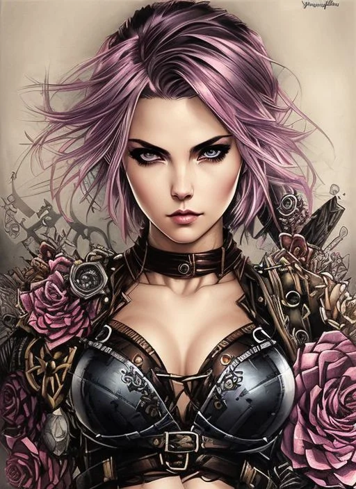 style of joemadureira (nvinkpunk:1.3) (snthwve style:1.4) Charlie Bowater realistic Lithography sketch portrait of a woman, flowers, [gears], pipes, dieselpunk, multi-colored ribbons, old paper texture, highly detailed