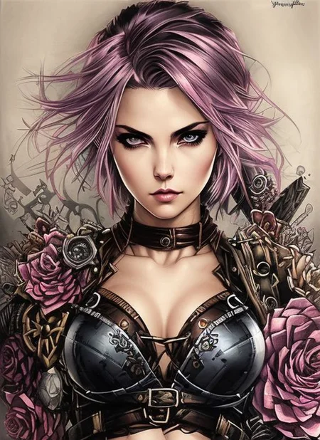 style of joemadureira (nvinkpunk:1.3) (snthwve style:1.4) Charlie Bowater realistic Lithography sketch portrait of a woman, flowers, [gears], pipes, dieselpunk, multi-colored ribbons, old paper texture, highly detailed