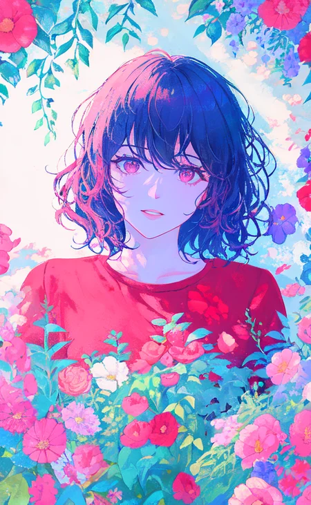 Samia, girl, solo, shirt, looking at you, face, perfect, flowers, high quality, radiant, knight, godly, red shirt, red velvet