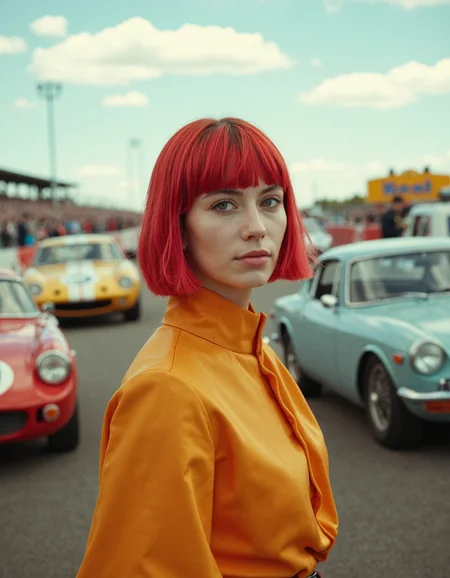 extreme wide shot, [(Bebe Rexha:0.32)|(young Sarah McDaniel:0.32)|(young Emily Kinney:0.32)|(Sarah Chalke:0.32)], cherry red   center-part shag  , __60s/women/60s_daily_clothing__, The Racetrack: Step into a racetrack with roaring engines and the smell of exhaust in the air Vintage race cars speed around the track, leaving streaks of rubber behind, by Miki Asai, macro photography, nature, detail, flowers, insects, macro-world, minimalism, shallow-depth-of-field, vibrant,