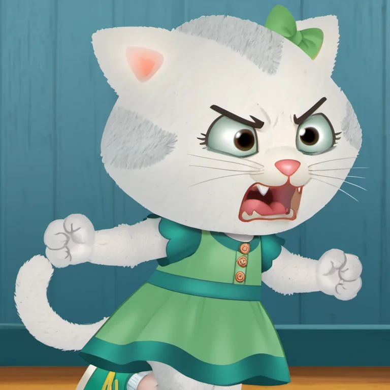 1girl, solo, kkdtn1, (green eyes), angry, screaming, fangs, claws, side view, :3, whiskers, hair bow, green dress, short sleeves, arms out, dress, green bow, cat ears, cat, furry, dynamic pose, furry female, socks, tail, animal ears, green footwear, shoes, cat tail, short, <lora:kkdtn1:1>,