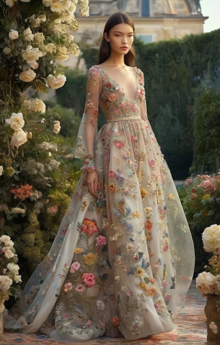 masterpiece,best quality,<lora:tbh361-sdxl:0.6>,illustration,style of Stefano Gabbana, Ethereal Dior haute couture dress, delicate embroidery, sheer fabrics, dreamy garden backdrop