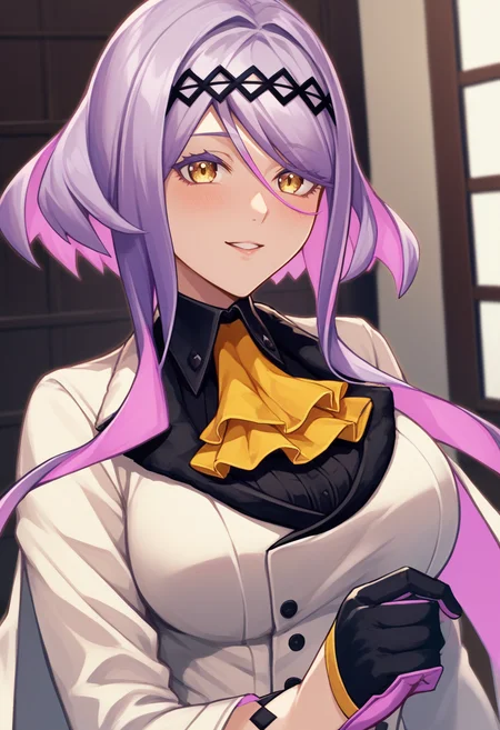 score_9, score_8_up, score_7_up, source_anime BREAK 1girl, solo, <lora:figue-sh2-richy-v1_pdxl:1> figue, yellow eyes, purple hair, medium hair, multicolored hair, hairband, hair between eyes, sidelocks, yellow ascot, white coat, black shirt, half gloves, black gloves, purple leggings, parted lips, looking at viewer, blush, long sleeves, large breasts, smile