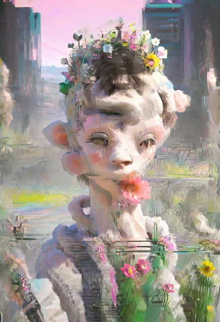 cute cartoon character, lamb enjoying springtime flowers, glitch art <lora:glitched-v1.0.2-extracted:1.35>