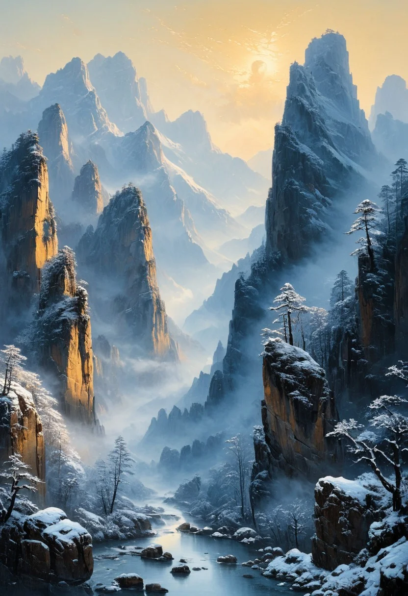 famous artwork, masterful use of light and shadow, masterful composition following the rule of thirds, chiaroscuro, dappled sunlight, in winter, at dawn, under the snow, romanticism oil painting of the floating peaks of zhangjiajie in the style of caspar david friedrich, towering sandstone pillars rising through a sea of mist, their sheer cliffs overgrown with under snow vegetation , the scene is bathed in a golden morning light, soft rays piercing through the ethereal mist, casting long shadows and highlighting the rugged texture of the stone, delicate wisps of cloud wrap around the formations, further emphasizing their towering grandeur, the atmosphere is serene yet awe-inspiring, evoking a sense of the sublime winter, a narrow, winding mountain path leads toward a detailed wooden bridge that connects two towering peaks cover of snow, an ancient and awe-inspiring temple built in traditional chinese style sits atop a pillar in the middle ground. Snow is almost cover everything