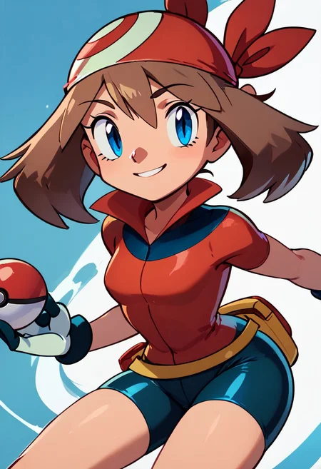 score_9, score_8, (curvy), cute, eyelashes,
BREAK,
(holding pokeball),
zzMay, may (pokemon), solo, brown hair, blue eyes, medium hair, perfect, red shirt, bike shorts, red bandana, red shirt, gloves,
,BREAK,
dynamic pose,
smile, looking at viewer, cowboy shot, zPDXL, Expressiveh,