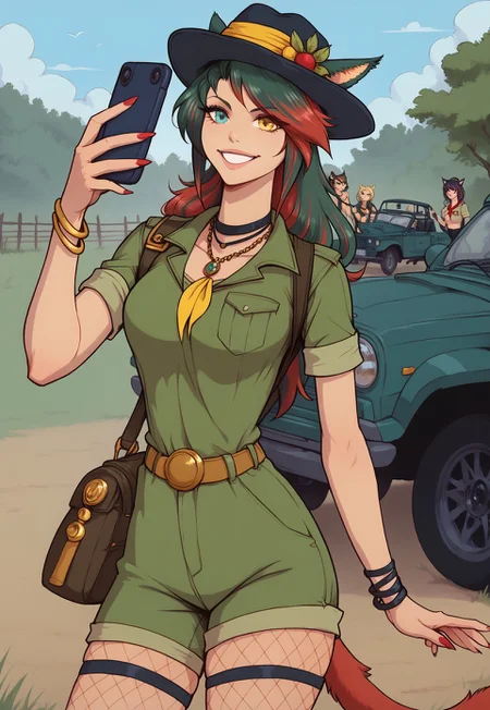 safe_pos, score_9, score_8_up, score_7_up, High-Res, Masterpiece, High Quality, ((masterpiece, best quality, highly detailed, realistic)), crisp image, clear image, slim and slender body, toned body, bracelets, necklace, shiny skin, siriha, miqo'te, green hair, red hair, two-tone hair, tail, heterochromia, yellow eyes, green eyes, shorts, belt, crop top, short sleeves, shoulder bag, binoculars, fishnets, neckerchief, hat, safari, smile, taking selfie, TkSelf, jeep, off-road