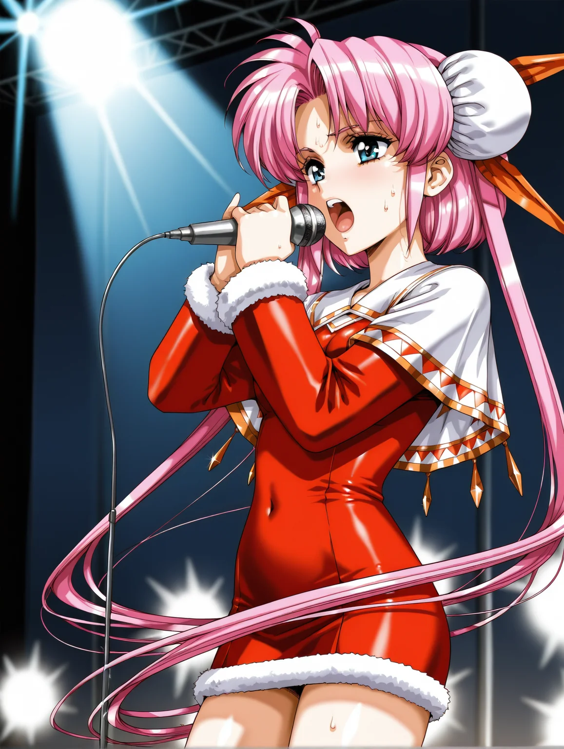 <lora:louise-v3-illustrious-000040:1> fallsmyer, double bun, hair ribbon, white capelet, capelet, red dress, short dress, fur trim
1girl, solo, singing, on stage, stage lights, dramatic, sweat