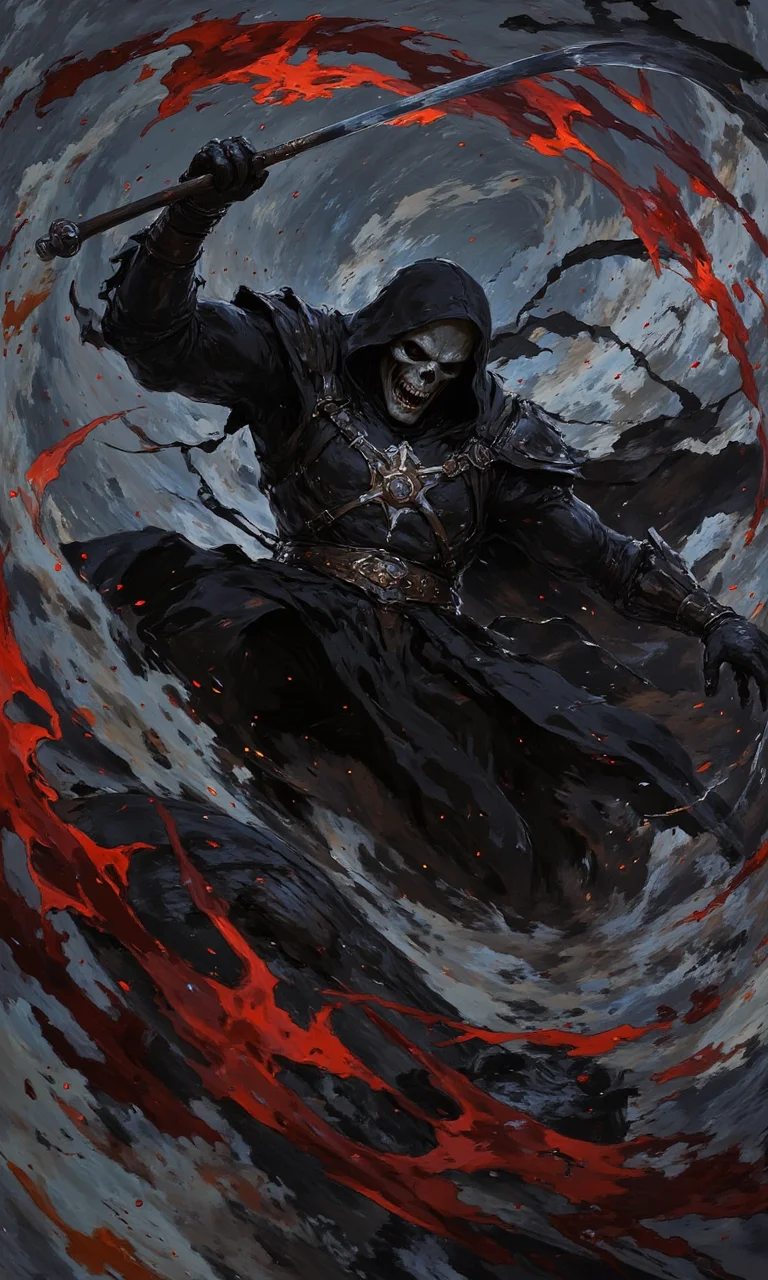 The Grim Reaper swings his sickle towards the camera, with a dynamic fighting posture and visual impact.<lora:flux1-D\flux.1_lora_flyway_Epic-detail_v2.safetensors:0.8:1.0> <lora:flux1-D\flux.1_lora_flyway_ink-dynamic.safetensors:0.6:1.0> <lora:flux1-D\flux.1_lora_flyway_Hyper-Illustration_v1.0.safetensors:0.7000000000000001:1.0>