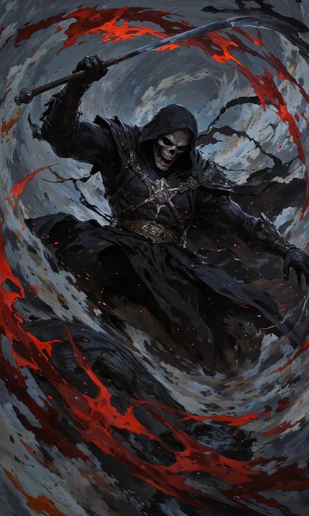 The Grim Reaper swings his sickle towards the camera, with a dynamic fighting posture and visual impact.<lora:flux1-D\flux.1_lora_flyway_Epic-detail_v2.safetensors:0.8:1.0> <lora:flux1-D\flux.1_lora_flyway_ink-dynamic.safetensors:0.6:1.0> <lora:flux1-D\flux.1_lora_flyway_Hyper-Illustration_v1.0.safetensors:0.7000000000000001:1.0>