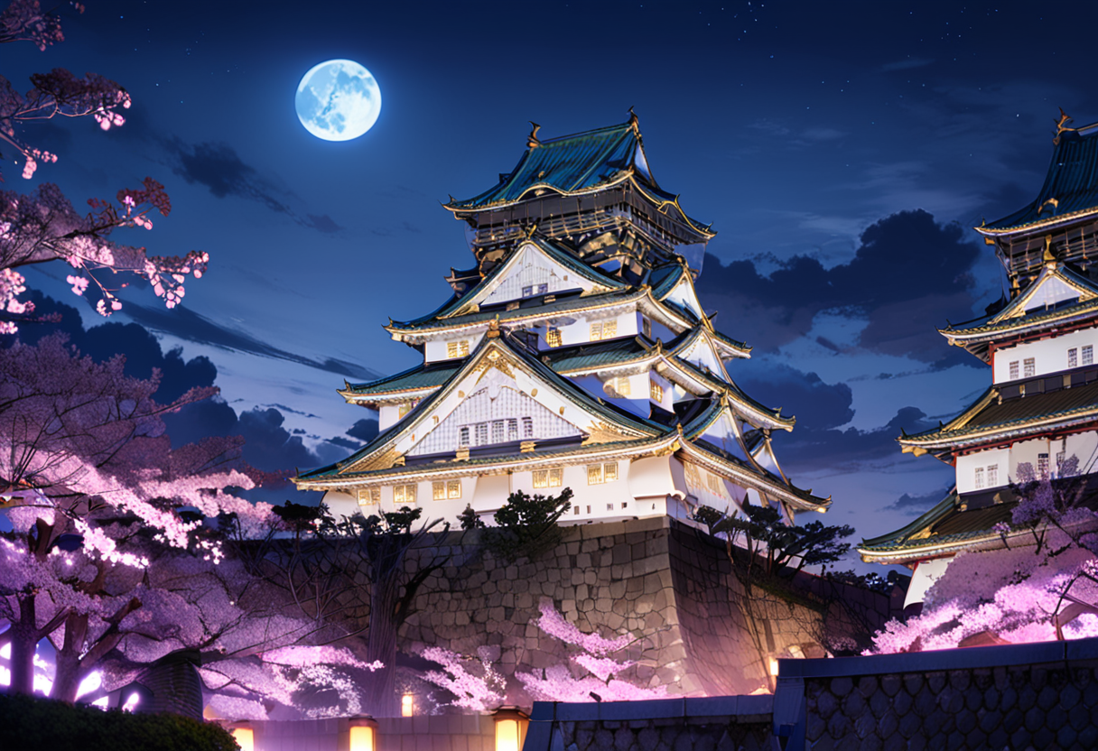 masterpiece, best quality, very aesthetic, absurdres,
Osaka Castle, moon, scenery, night, architecture, sky, east asian architecture, crescent moon, outdoors, night sky, tree, building, cloud
 <lora:Osaka_Castle_SDXL_V1:1>