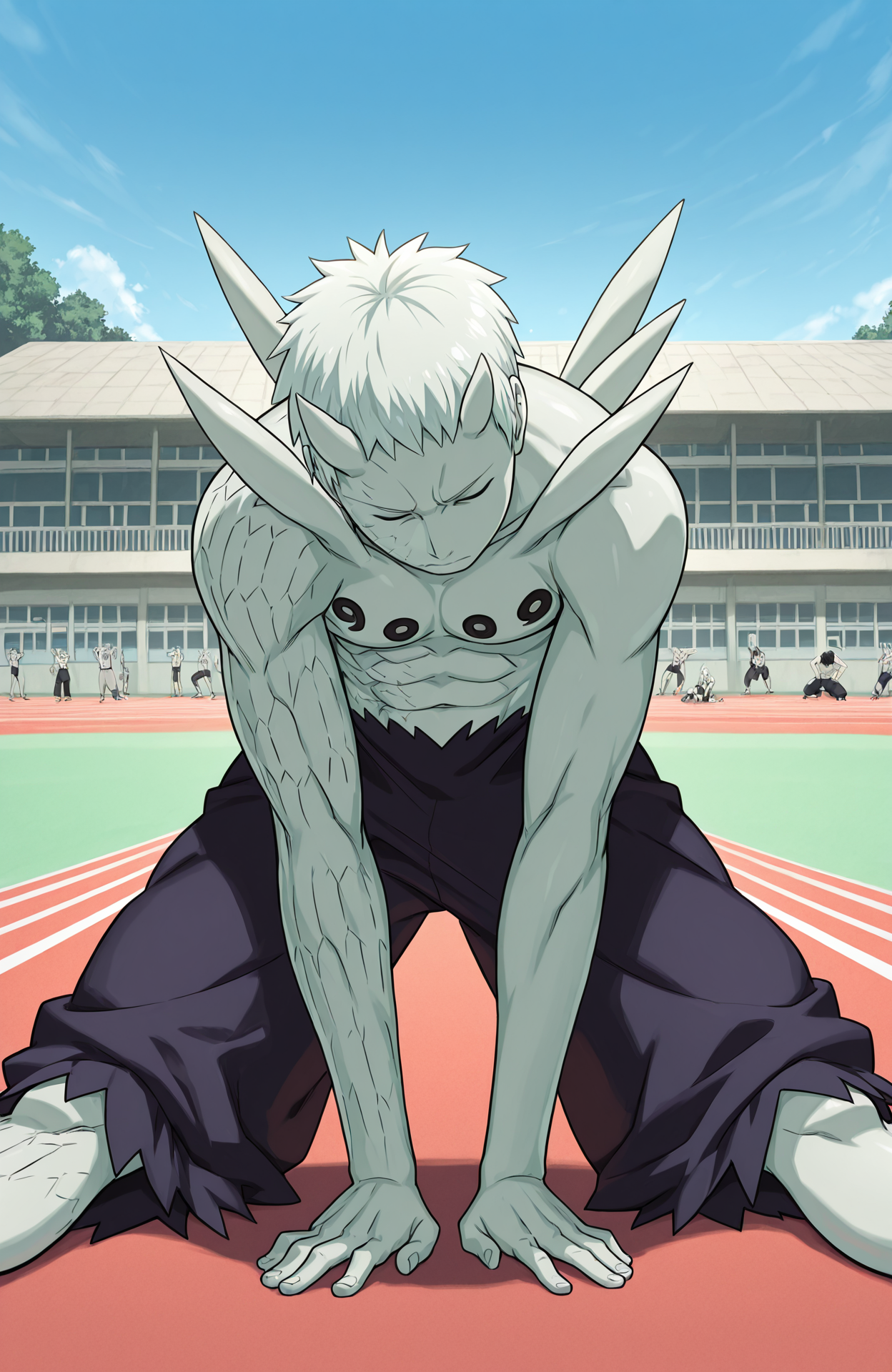 baggy pants, head down, head tilt, closed eyes, exercise, stretching, shchool yard, track field, sky, school building, r50_ob1t0, rinnegan, sharingan, 
masterpiece, best quality,
<lora:Juubito_X6E13:1.0>