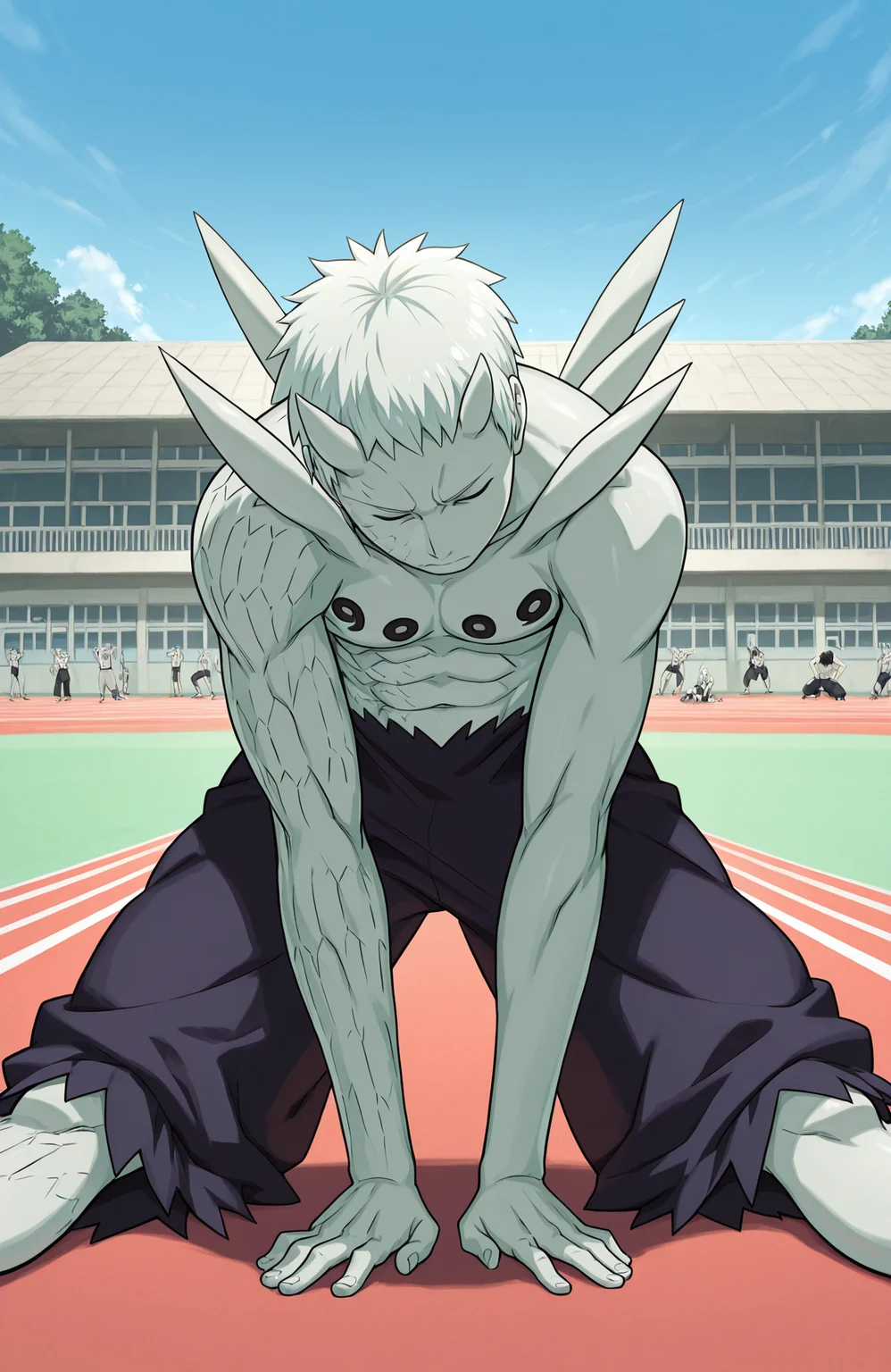 baggy pants, head down, head tilt, closed eyes, exercise, stretching, shchool yard, track field, sky, school building, r50_ob1t0, rinnegan, sharingan, 
masterpiece, best quality,
<lora:Juubito_X6E13:1.0>