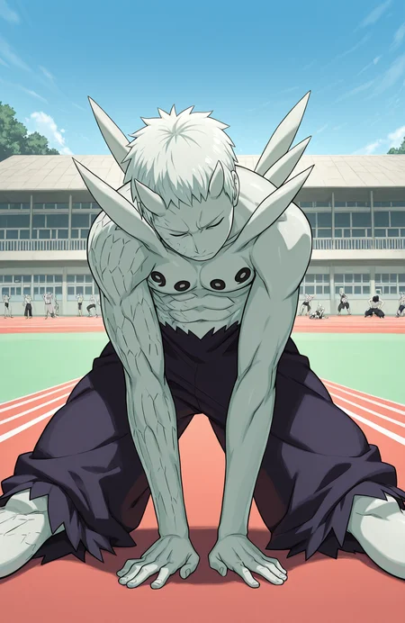baggy pants, head down, head tilt, closed eyes, exercise, stretching, shchool yard, track field, sky, school building, r50_ob1t0, rinnegan, sharingan,
masterpiece, best quality,
<lora:Juubito_X6E13:1.0>