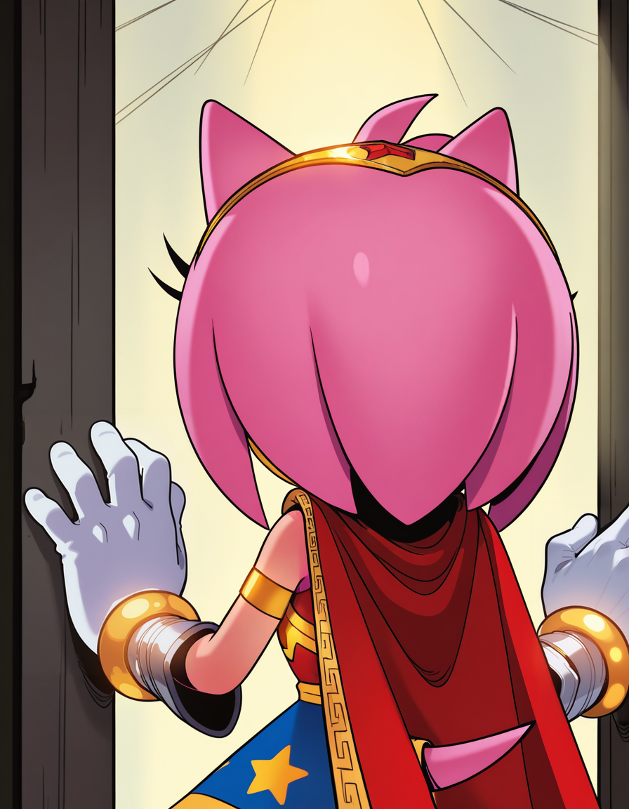 1girl, solo, no humans, petite, official art,
<lora:WonderAmy_v1:1> wonderamy, alternate costume, amy rose, gold trim, red cape, white gloves, bracer, gold hairband, blue skirt, sleeveless, breastplate, armored boots, star \(symbol\), star print, bare shoulders, armlet, miniskirt, gold brooch, brooch, red shirt, gold bracelet, tail through clothes,
(upper body shot), hiding, detailed face, located in a horrifying scene at a desolate basement during dusk with overcast weather, illuminated by dim light, creating a unsettling,chilling atmosphere, extremely detailed, highres, masterpiece, best quality