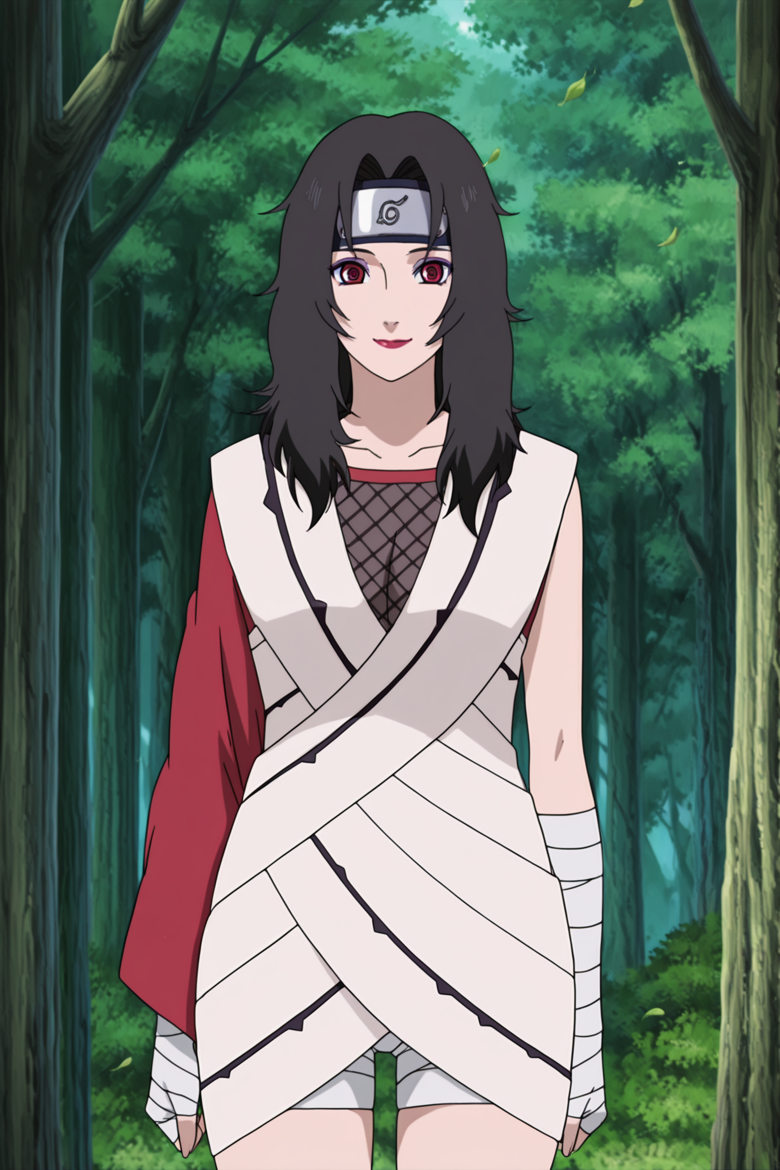 anime screencap, anime coloring, detailed face, masterpiece, best quality, very aesthetic, absurdres, volumetric lighting, official style, amazing quality, ultra detailed,  highres, amazing quality, scenery, beautiful detailed hair, beautiful detailed eyes, defined fingers,
 <lora:Kurenai_Yuhi_Naruto:1>
Kurenai default appearance (outfit), Kurenai Yuhi (character), red eyes, solo, bandages, black hair, forehead protector, konohagakure symbol, nature, 1girl, long hair, fishnets, forest, tree, outdoors, falling leaves, looking at the viewer, sexy smile, cowboy shot, red lipstick, purple eyeshadow