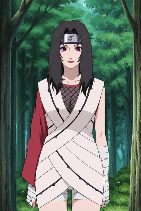 anime screencap, anime coloring, detailed face, masterpiece, best quality, very aesthetic, absurdres, volumetric lighting, official style, amazing quality, ultra detailed,  highres, amazing quality, scenery, beautiful detailed hair, beautiful detailed eyes, defined fingers,
 <lora:Kurenai_Yuhi_Naruto:1>
Kurenai default appearance (outfit), Kurenai Yuhi (character), red eyes, solo, bandages, black hair, forehead protector, konohagakure symbol, nature, 1girl, long hair, fishnets, forest, tree, outdoors, falling leaves, looking at the viewer, sexy smile, cowboy shot, red lipstick, purple eyeshadow