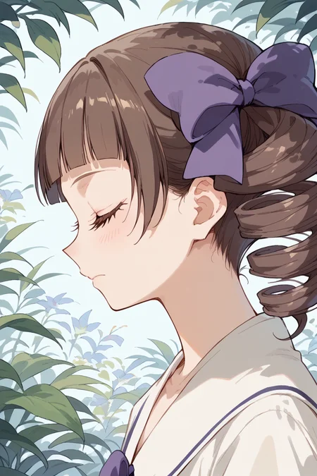 score_9, score_8_up, score_7_up, score_6_up,
<lora:Touko_Matsudaira:0.9> touko, 1girl, solo, closed eyes, brown hair, drill hair, profile, close-up, bangs, blunt bangs, closed mouth, purple bow, bow, hair bow, anime coloring
