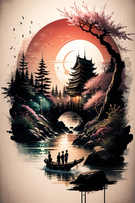 <lora:Calligraphy-ink-style-darquelilly-v1:1> calligraphyinkstyle, ying and yang, cherry blossoms, volumetric lighting, night time, moonlight black background